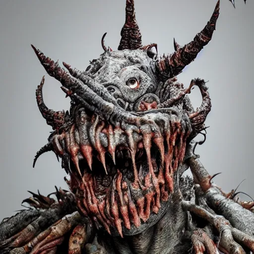 Image similar to photo taken of an epic intricate, ultra detailed, super realistic gritty, terrifying, lifelike sculpture of a nightmarish hellish ghoulish creature design created by weta workshop, zoomed in shots, photorealistic, sharp focus, white wall coloured workshop, cold colour temperture, f 0. 4, face centred