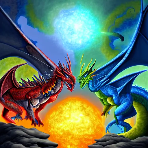 Image similar to Elemental dragons at the creation of the world, highly detailed digital painting