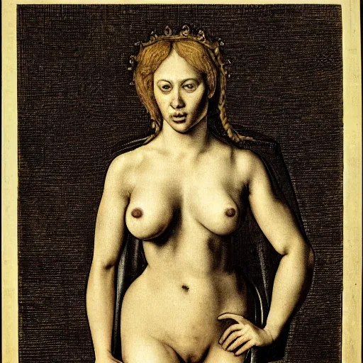 Prompt: engraving of full body portrait of scarlet johansson in leather by albrecht durer