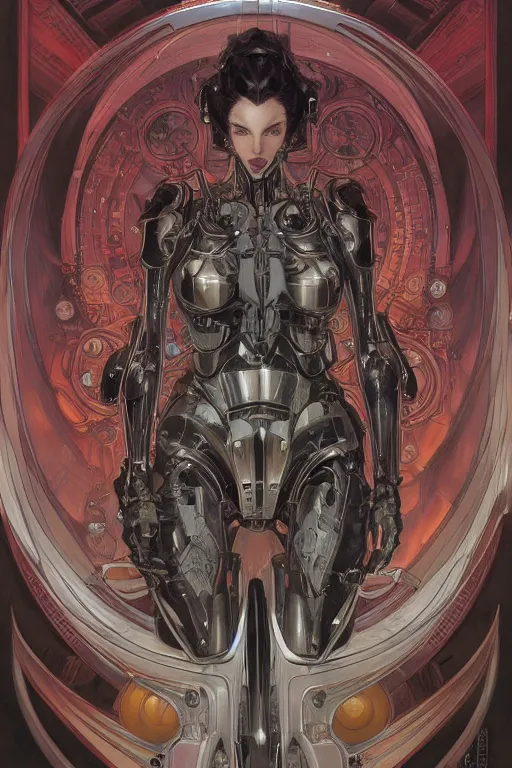 Image similar to portrait of mad alien mech queen, symmetrical, by yoichi hatakenaka, juan gimenez, brom, karol bak, alphonse mucha, drawing, illustration, clear line