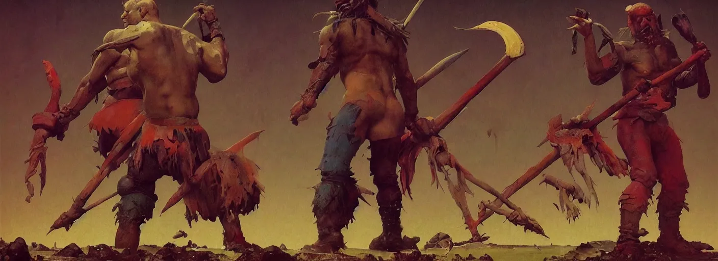 Image similar to full - body portrait surreal colorful clay fighting artstation rpg barbarian character concept art anatomy, action pose, very coherent and colorful high contrast masterpiece by norman rockwell franz sedlacek hieronymus bosch dean ellis simon stalenhag rene magritte gediminas pranckevicius, dark shadows, sunny day, hard lighting, reference sheet white! background
