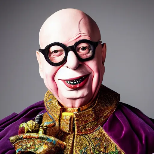 Image similar to UHD candid color photo of Klaus Schwab dressed as emperor, wearing accurate clown makeup, accurate face, UHD, photorealistic, correct face, photo by Annie Leibowitz