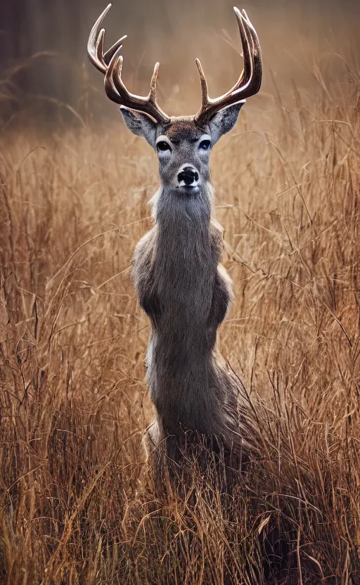 Prompt: a portrait of a mighty and wise deer king with antlers looking straight in the camera, there is tall grass, forest in the background, phenomenal photography, ambient light, sunrays from the left, 8 5 mm f 1. 8 composition by robert capa