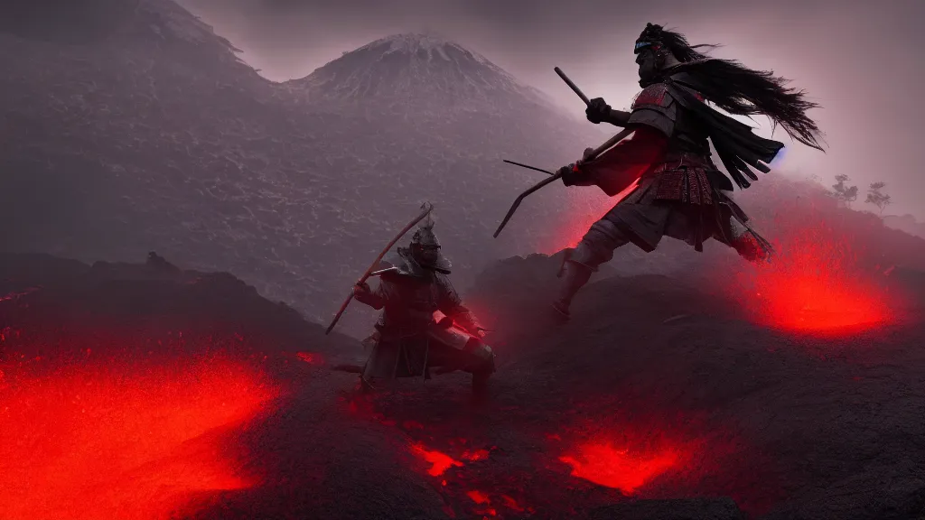 Image similar to samurai struggling through volcanic terrain, thunderstorm, cinematic lighting, wide shot, octane render, 4 k, 8 k, artstation, concept art