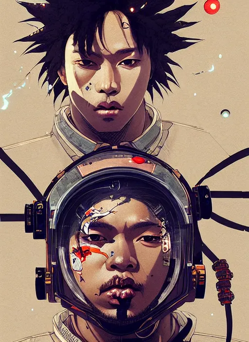 Prompt: a beautiful ukiyo painting of rapper pop smoke as a timepunk battle space pilot, wearing space techwear, detailed close up portrait, intricate complexity, concept art, by takato yamamoto, wlop, krenz cushart. cinematic dramatic atmosphere, sharp focus, digital full likeness art. center frame