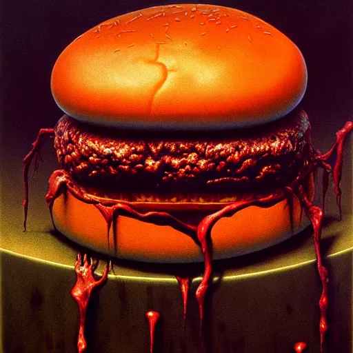 Image similar to horrifying eldritch cheeseburger, painting by zdzisław beksinski, product photograph, 4 k, dark atmosphere, horror, veins, oozing slime