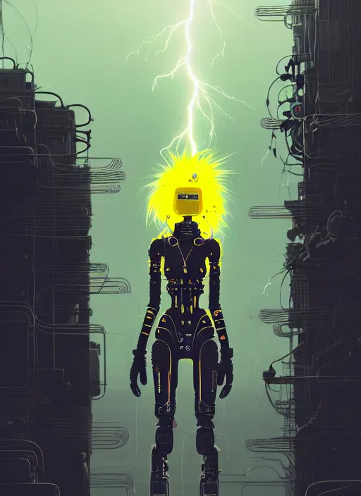 Prompt: highly detailed portrait of wasteland punk long curly bright yellow and white plasma electricity hair tribal lady, stray electric spark wiring by atey ghailan, james gilleard, by joe fenton, by greg rutkowski, by greg tocchini, by kaethe butcher, 4 k resolution, gradient yellow, black and white color scheme!!! ( ( lightning cloudy robotic dystopian city background ) )