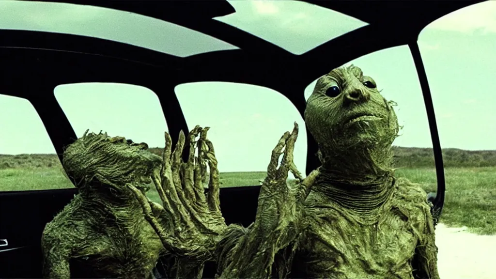 Image similar to the creature sits in a car, made of wax and metal, film still from the movie directed by Denis Villeneuve with art direction by Salvador Dalí, wide lens
