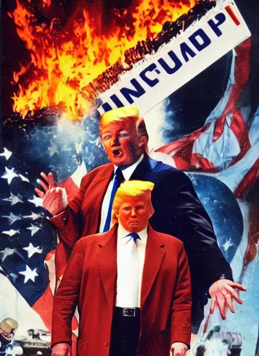 Image similar to an 8 0's john alvin action movie poster of donald trump starring in dumpster fire. explosions.