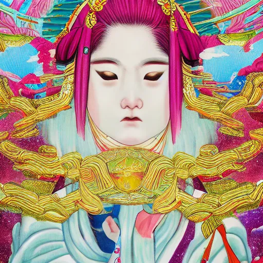 Image similar to japanese goddess, amaterasu god, portrait shot, glitter, depth of field, 8 k, hyper detailed, intricate, trending on artstation