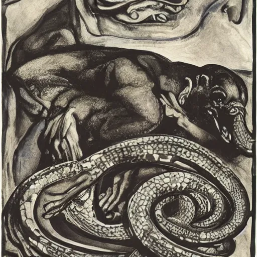 Image similar to by oskar kokoschka, by carel willink monumental. a beautiful print of a snake eating its own tail that seems to go on forever.
