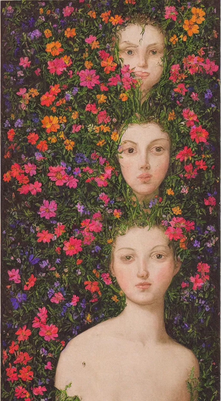 Prompt: a symmetric portrait of an antrounded by flowers, by well renowned world artist