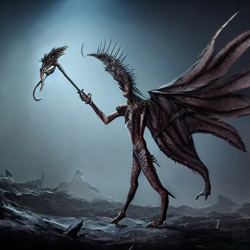 Prompt: a reptile bird chimera hybrid with claws fangs bristles feathers tails wearing surreal clothes wielding excalibur, on a dark alien world with imposing stone ruins, during a hail storm, in the style of boris vellejo, julie bell, giger, gerald brom, leng jun, fantasy, dramatic studio lighting, science fiction, octane render 8 k