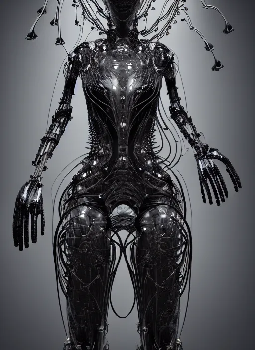 Image similar to iris van herpen gothic inflateble dark dress, perfect symmetrical body, helmet on face, full body shot, inflateble shapes, wires, tubes, veins, jellyfish, white biomechanical details, wearing epic bionic cyborg implants, masterpiece, intricate, biopunk, vogue, highly detailed, artstation, concept art, cyberpunk, octane render