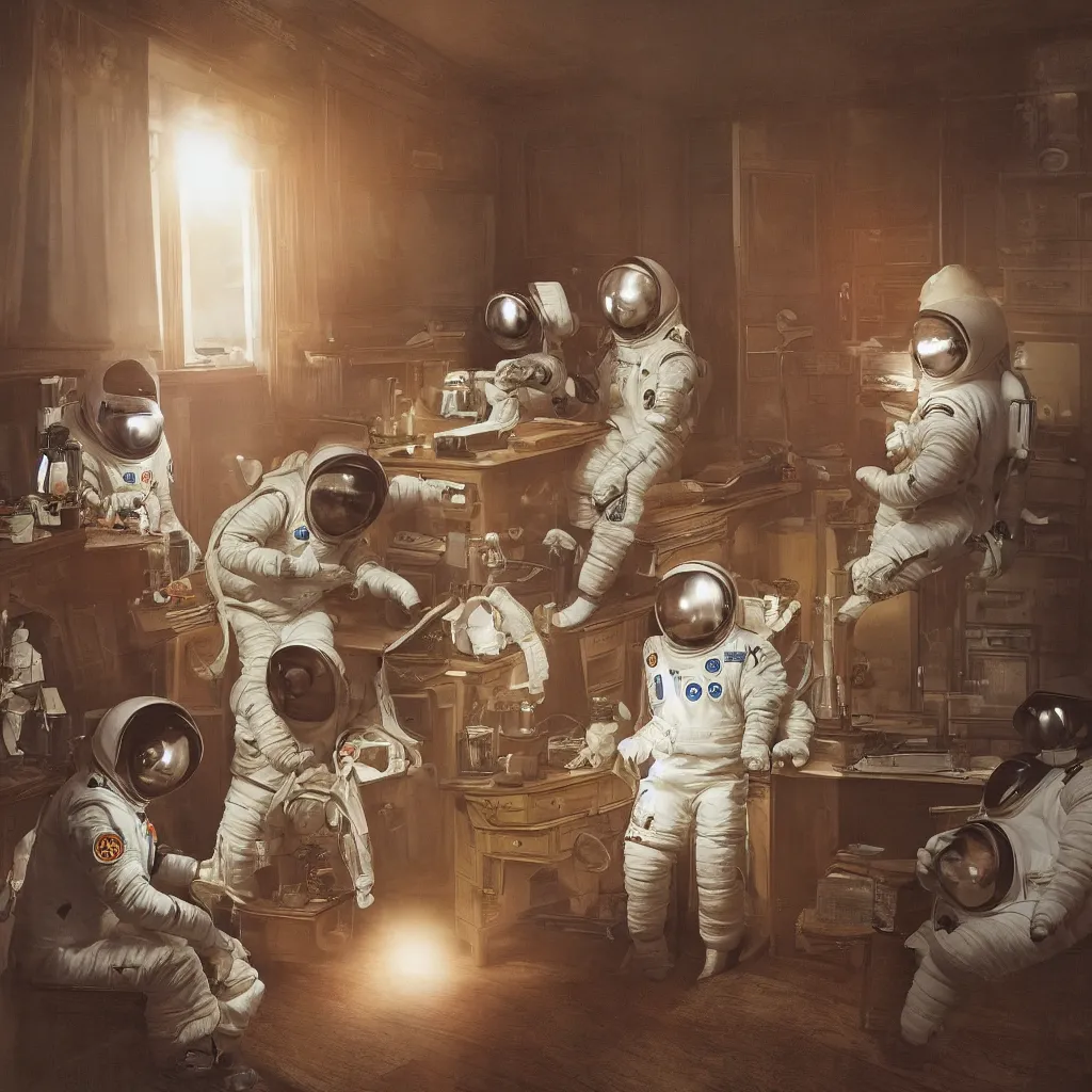 Image similar to 3 cosmonauts in a spacesuit drinks a steaming cup of tea at an old wooden desk in a richly decorated victorian house. the autumn light comes in through a window and dimly illuminates the room, diffuse light, octane render