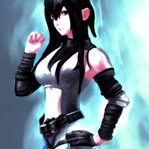 Image similar to concept art of head and shoulders cosplay of tifa lockhart, trending on artstartion