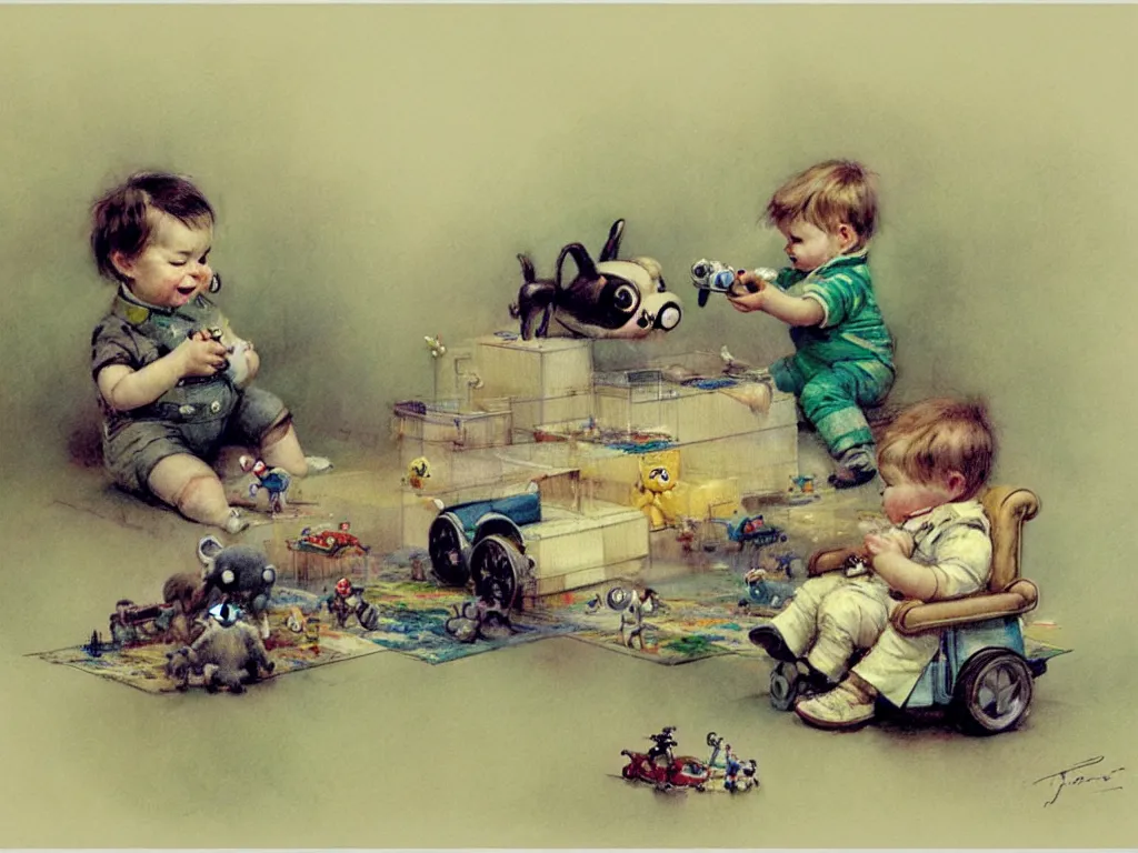 Prompt: toddler ( ( ( ( ( 1 9 5 0 retro future living room. muted colors. toys laying around ) ) ) ) ) by jean baptiste monge, chrome green