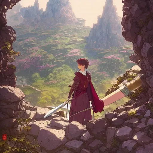 Image similar to the knight and the sword of rose petal, anime, castle core, mountains, rocky roads. by hayao miyazaki and rossdraws and artgerm and greg rutkowski and alphonse mucha and studio ghibli and ilya kuvshinov. high quality, stunning, intricate detailed environment. 8 k