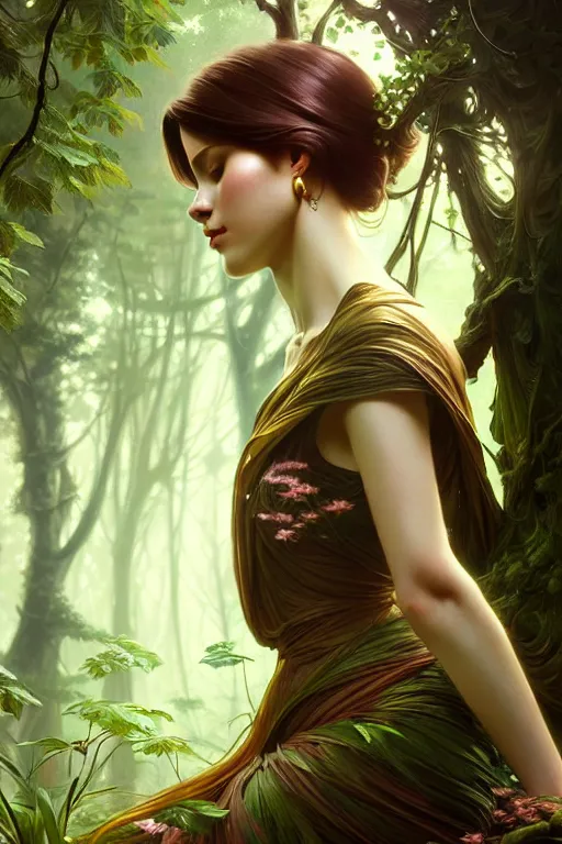 Prompt: beautiful digital painting of a stylish female forest with high detail, 8 k, stunning detail, works by artgerm, greg rutkowski and alphonse mucha, unreal engine 5, 4 k uhd