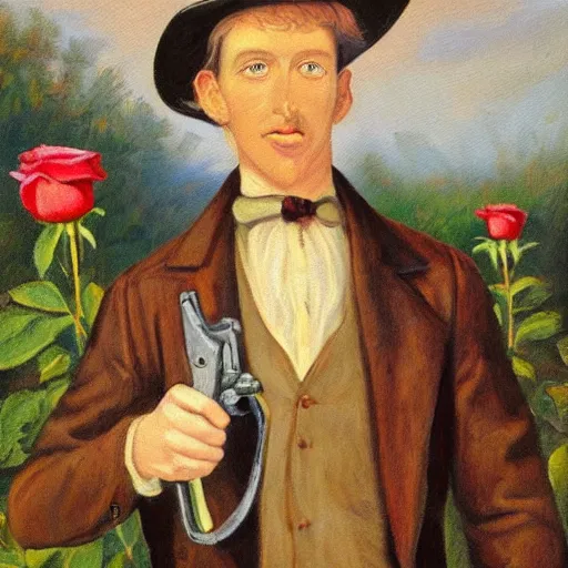 Image similar to a painting of a tall man with blue eyes that is wearing a wide brim hat and a leather vest. He has no facial hair. He is holding a revolver in his left hand and a rose is in his right hand. He is standing in a field of roses.