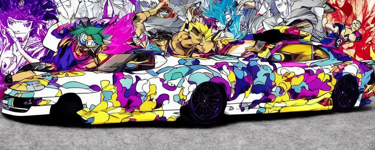 Prompt: jojo's bizarre adventure themed toyota supra, 9 0 s anime style