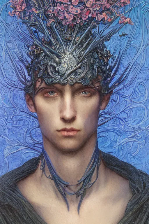 Image similar to portrait of beautiful gothic young man, warhammer, cyber armor, a lot of scars, more and more flowers, blue head, the middle ages, highly detailed, artstation, illustration, art by jean delville, 8 k quality, otherworldly, andre le notre, psychedelic