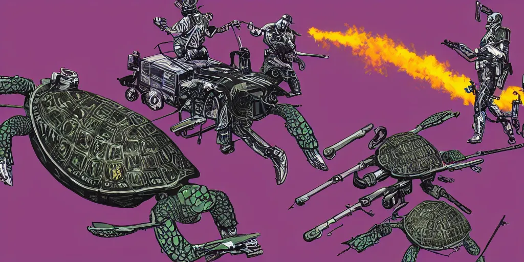 Image similar to neurotic depiction of a battle between horses riding drones and cybernetic, military cats on turtles, detailed shot, y 2 k aesthetic, dark purple background, bonestell, chesley, 4 k