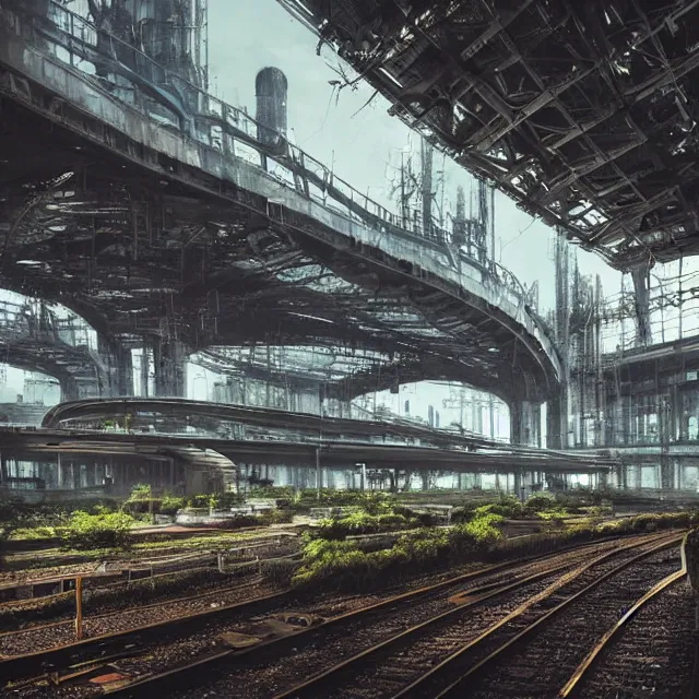 Image similar to lost beautiful overgrown city futuristic fantasy mixed with polluted industrial city airport and train station