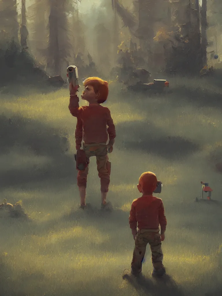 Image similar to a cute boy standing in the center of a painting from stalenhag, 4 k, 8 k, hdr, artstation, concept art