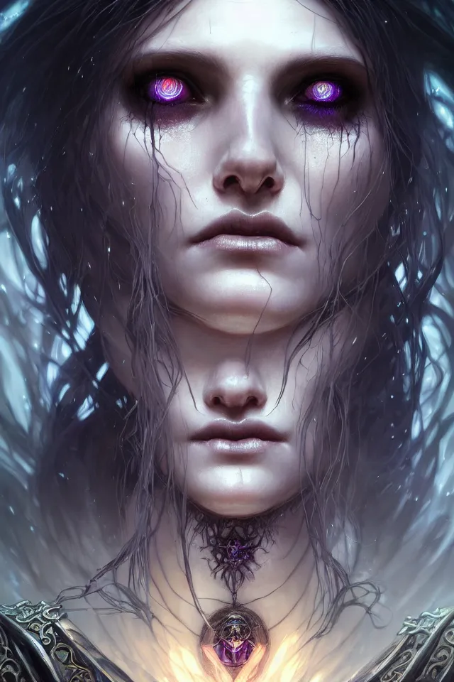 Image similar to Necromancer Sorceress face close-up macro in center, fantasy magic, undercut hairstyle, dark light night, intricate, elegant, sharp focus, illustration, highly detailed, digital painting, concept art, matte, art by WLOP and Artgerm and Greg Rutkowski and Alphonse Mucha, masterpiece