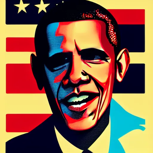 Image similar to Obama, illustration by Jamie Hewlett, bold colors