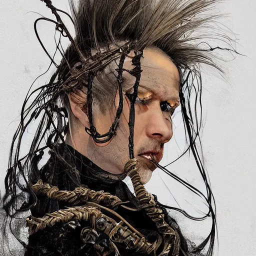 Image similar to portrait of a Shibari barbed wire wrapped face and neck, headshot, insanely nice professional hair style, dramatic hair color, digital painting, of a old 17th century, old cyborg merchant, amber jewels, baroque, ornate clothing, scifi, realistic, hyperdetailed, chiaroscuro, concept art, art by Franz Hals and Jon Foster and Ayami Kojima and Amano and Karol Bak,