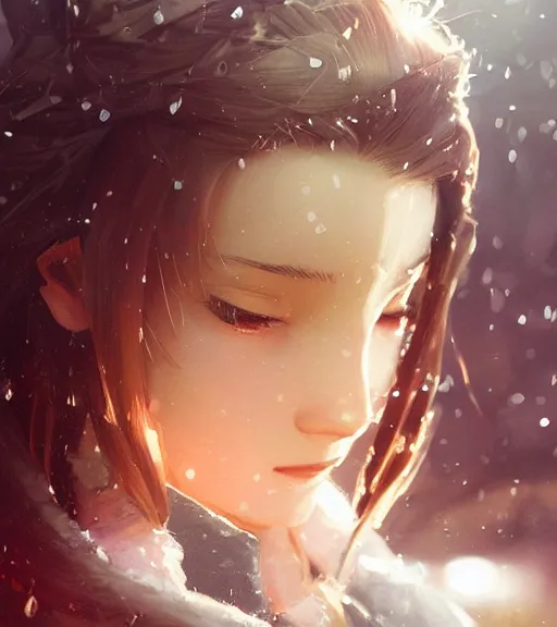 Image similar to beautiful aerith gainsborough, face centered portrait, cottagecore, confident, fog, rain, volumetric lighting, soft light particles floating near her, rim light, beautiful, golden hour, sharp focus, ultra detailed, cgsociety by krenz cushart and wenjun lin