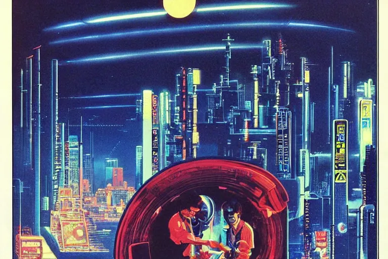 Image similar to a 1982 cover of OMNI magazine depicting an anatomically correct hand holding an electronic box. Neo-Tokyo. Cyberpunk style art by Vincent Di Fate.