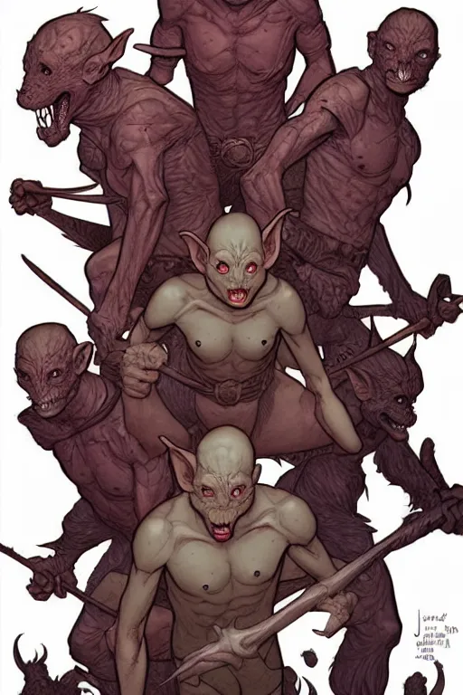 Prompt: comic cover art of a goblin horde, facing the viewer, dnd, high fantasy digital illustration, by jenny frison and sana takeda, intricate details, stunning inking lines, flat colors, 4 k, hd, artstation