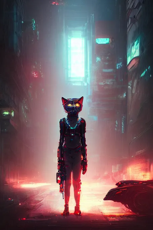 Image similar to A a very cute cyberpunk cat character, red hair, metal parts, glowing eyes, profile picture by Greg Rutkowski, Matte Painting, trending on the artstation