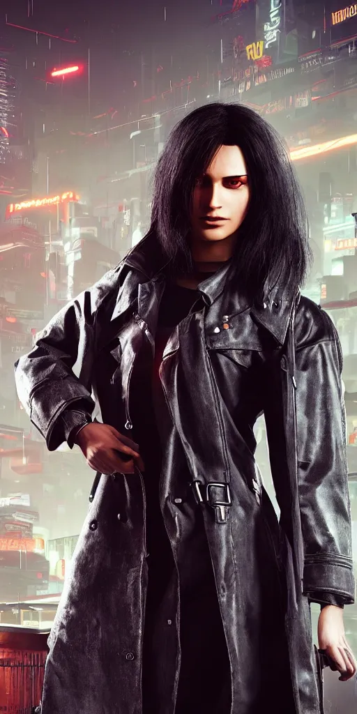 Image similar to black haired woman in a trench coat in a black cyberpunk 2 0 7 7, full body, intricate, highly detailed, face enhance, realistic