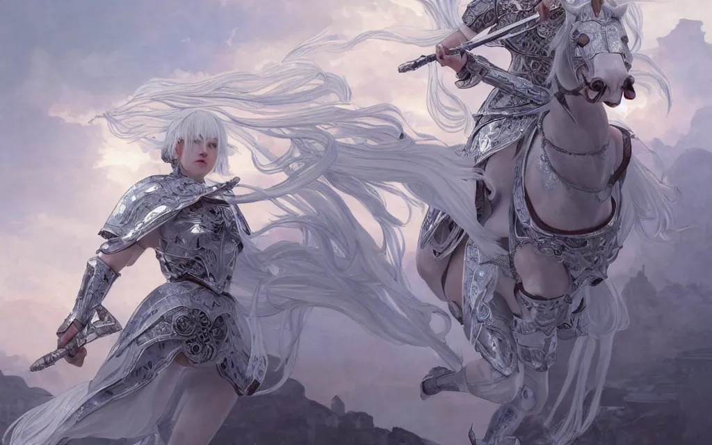 Image similar to white hair knights of zodiac girl, sliver ice color reflected armor, bushido fighting in ruined agora of athens sunrise, ssci - fi and fantasy, intricate and very very beautiful and elegant, highly detailed, digital painting, artstation, concept art, smooth and sharp focus, illustration, art by tian zi and wlop and alphonse mucha