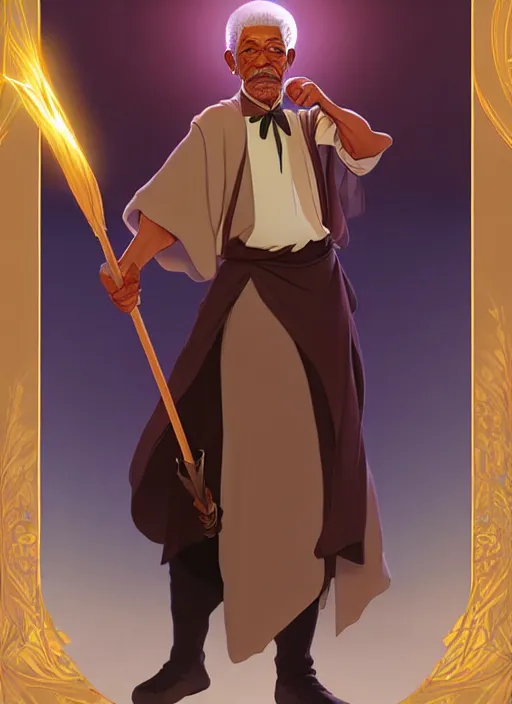 Image similar to elegant fantasy wizard based on morgan freeman holding a broom natural lighting, path traced, highly detailed, high quality, digital painting, by don bluth and ross tran and studio ghibli and alphonse mucha, artgerm