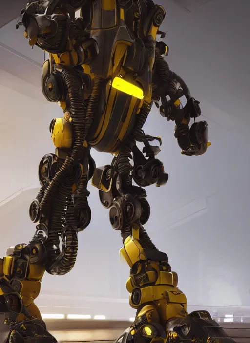 Image similar to a photorealistic dramatic hyperrealistic render of a futuristic exosuit power loader heavy machinery, ultra realistic details, glossy yellow, well worn, rust, oil stains by vitaly bulgarov and mike nash, beautiful dramatic dark moody tones and lighting, cinematic atmosphere, studio lighting, global illumination, shadows, dark background, octane render, 8 k