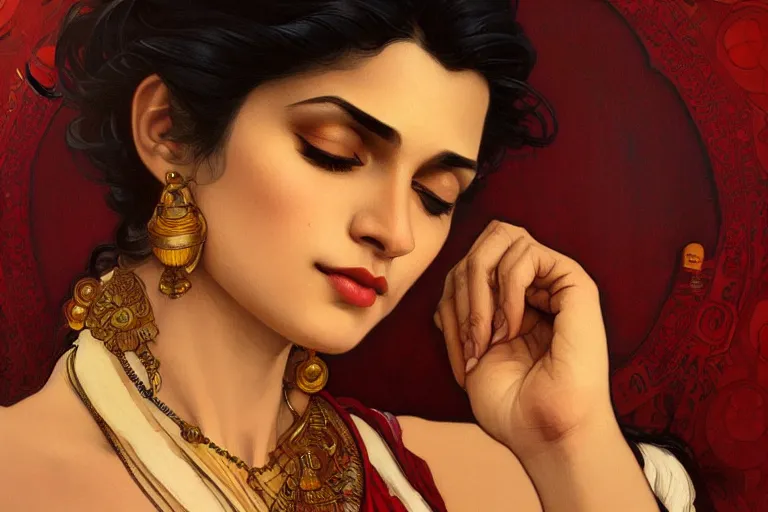 Image similar to sensual pale beautiful indian doctor in jeans, art deco portrait, elegant, intricate, digital painting, artstation, concept art, smooth, sharp focus, illustration, art by artgerm and greg rutkowski and alphonse mucha