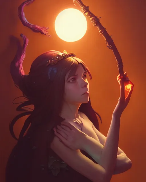 Image similar to highly detailed vfx portrait of a witch casting light magic, unreal engine, greg rutkowski, loish, rhads, beeple, makoto shinkai and lois van baarle, ilya kuvshinov, rossdraws, tom bagshaw, alphonse mucha, global illumination, detailed and intricate environment