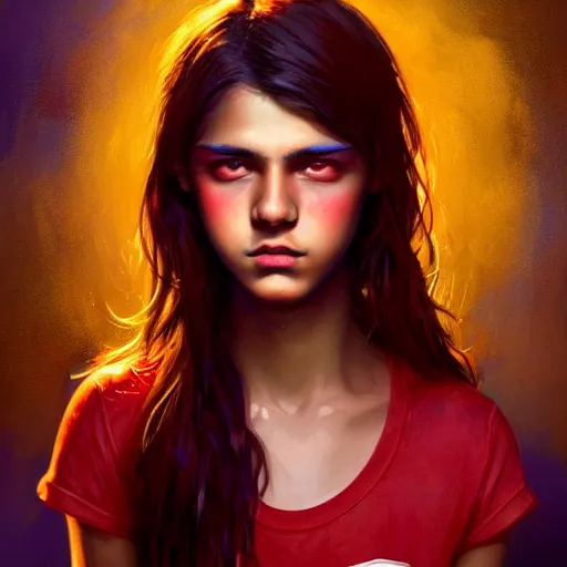 Image similar to colorful and festive captivating teenager with straight brown hair covering his eye, dark skin, big lips, big eyes, wearing a red t - shirt. rich vivid colors, ambient lighting, dynamic lighting, 4 k, atmospheric lighting, painted, intricate, highly detailed by charlie bowater