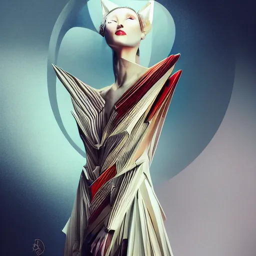 Image similar to 3 / 4 view of a beautiful girl wearing an origami dress, ground - level medium shot, elegant, by eiko ishioka, givenchy, philippe druillet, by peter mohrbacher, centered, fresh colors, origami, fashion, detailed illustration, vogue, high depth of field, japanese, reallusion character creator