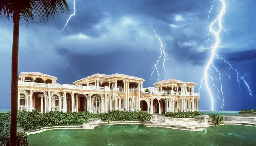 Prompt: A 1985 vintage magazine architecture photo of a mansion, mediterranean architecture, refracted lines and sparkles, thunderstorm outside, beach and tropical vegetation on the background major arcana sky and occult symbols, hyperrealistic 8k uhd, award-winning, 1985