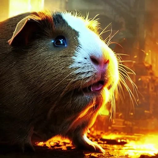 Image similar to guinea pig in gears of war, splash art, movie still, detailed face, photorealistic facial features, cinematic lighting, dramatic, octane render, long lens, shallow depth of field, bokeh, anamorphic lens flare, 8 k, hyper detailed, 3 5 mm film grain