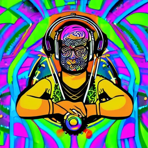 Image similar to svg sticker of a Dancing-Alex-Grey-Psychedelic-Rave-Man, at a rave, spinning records, giant headphones rocking out, wearing headphones, huge speakers, dancing, rave, DJ, spinning records, digital art, amazing composition, rule-of-thirds, award-winning, trending on artstation, featured on deviantart