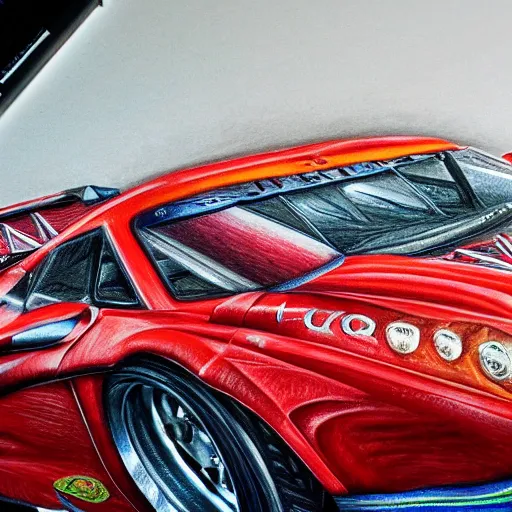 Image similar to Colored pencil art on paper, Race Car, highly detailed, artstation, MasterPiece, Award-Winning, Caran d'Ache Luminance