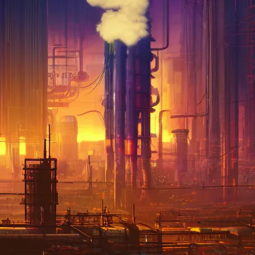 Prompt: a digital cyberpunk mural of a massive factory pumping out billowing clouds from a tall smokestack, by greg rutkowski, vibrant, colourful, 4k, lens flare, panoramic, cyberpunk