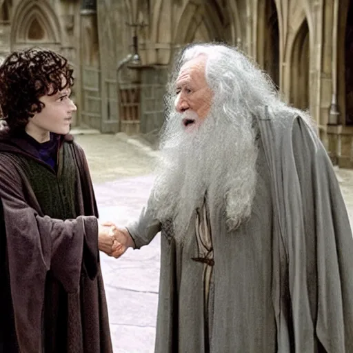 Image similar to frodo baggins meeting dumbledore, in hogwarts, cinematic